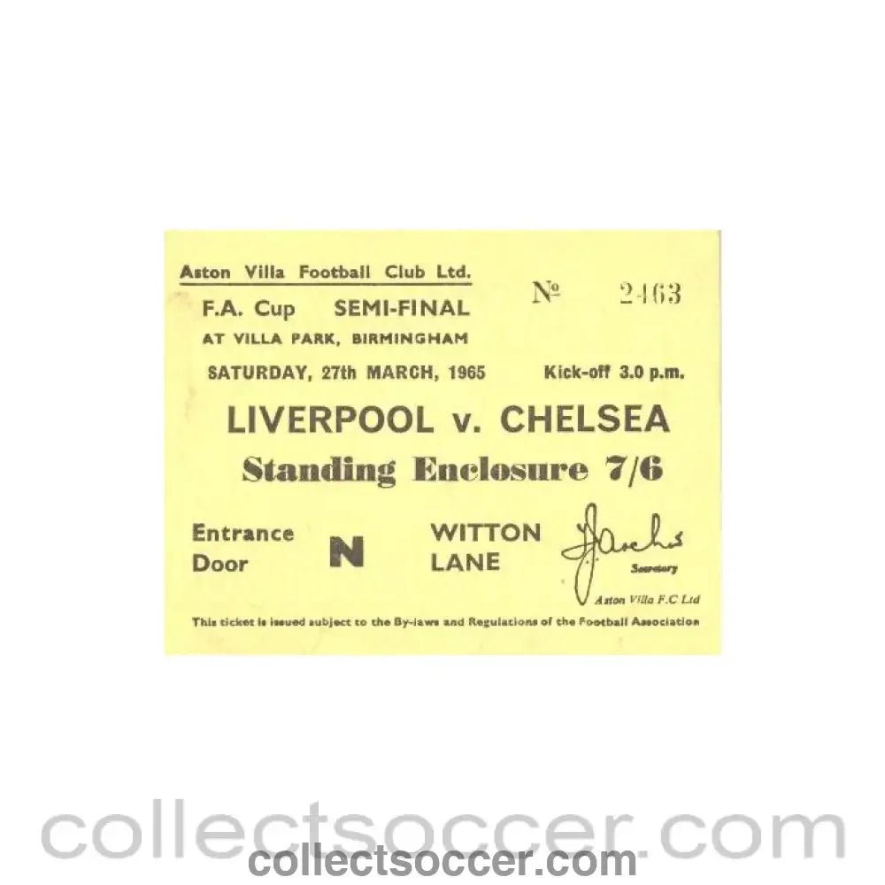 1965 FA Cup Semi - Final Liverpool v Chelsea ticket 27/03/1965 - Collect Soccer