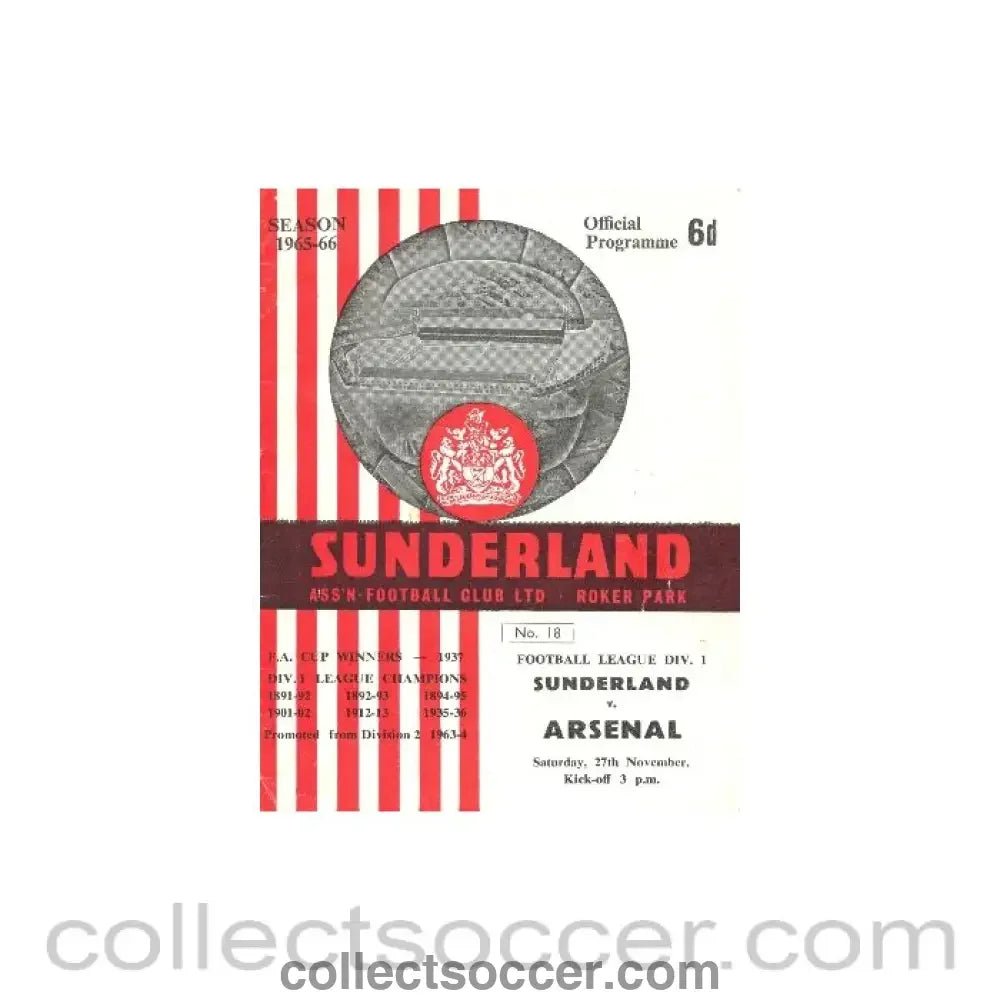 1965 - Sunderland v Arsenal official programme 27/11/1965 - Collect Soccer
