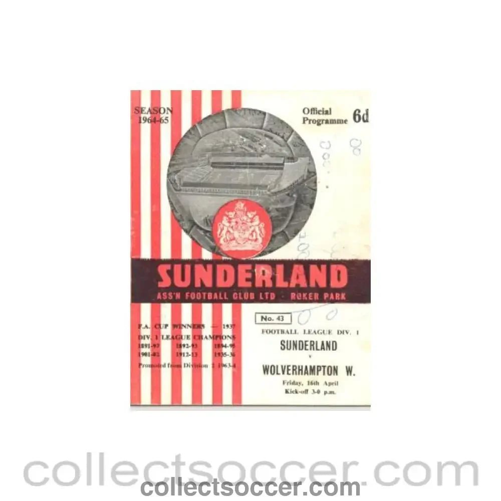 1965 - Sunderland v Wolverhampton Wanderers official programme 16/04/1965 - Collect Soccer