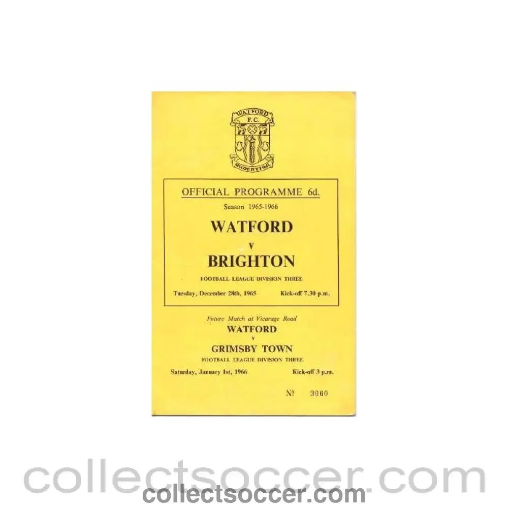 1965 - Watford v Brighton official programme 28/12/1965 Football League - Collect Soccer