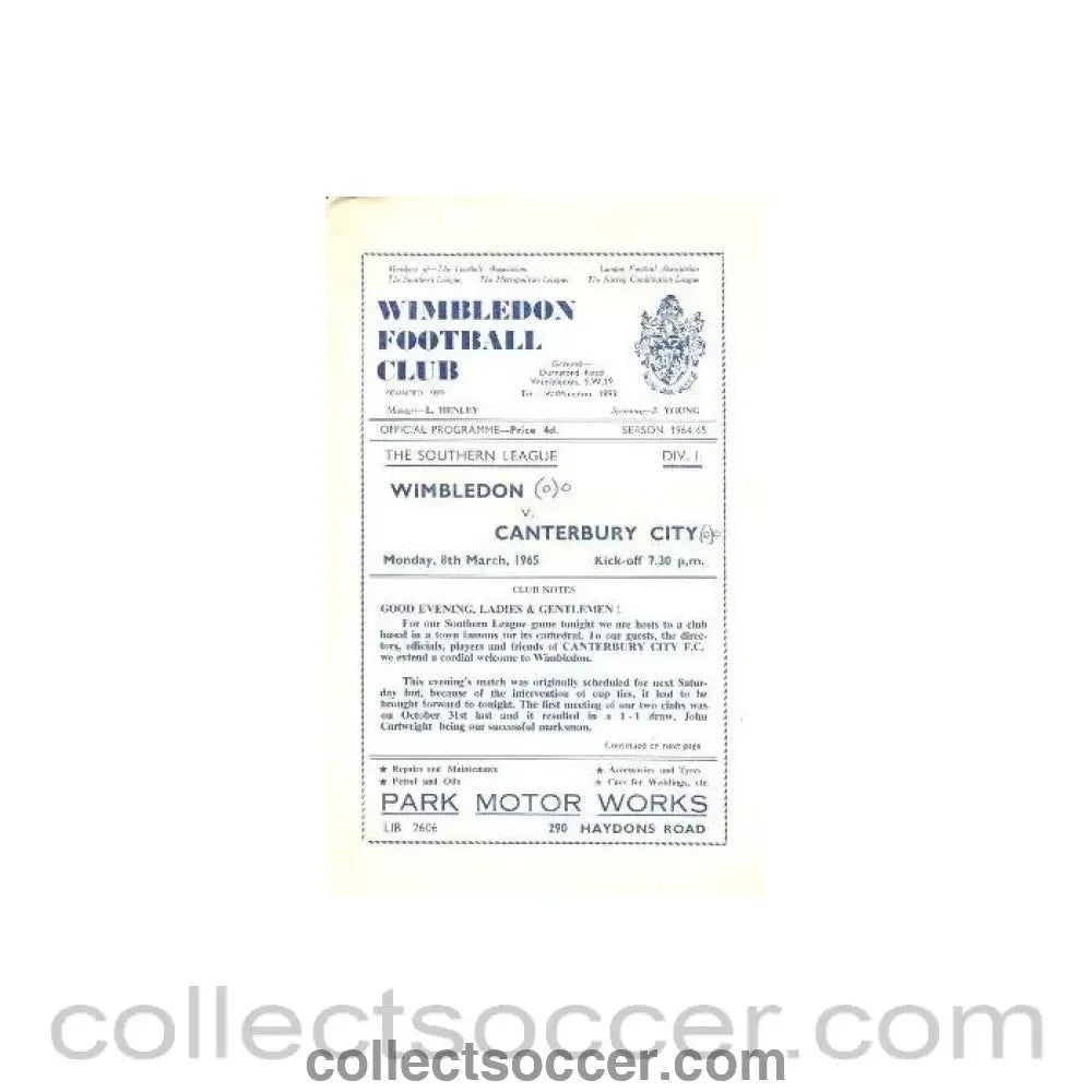 1965 - Wimbledon v Canterbury City official programme 08/03/1965 - Collect Soccer