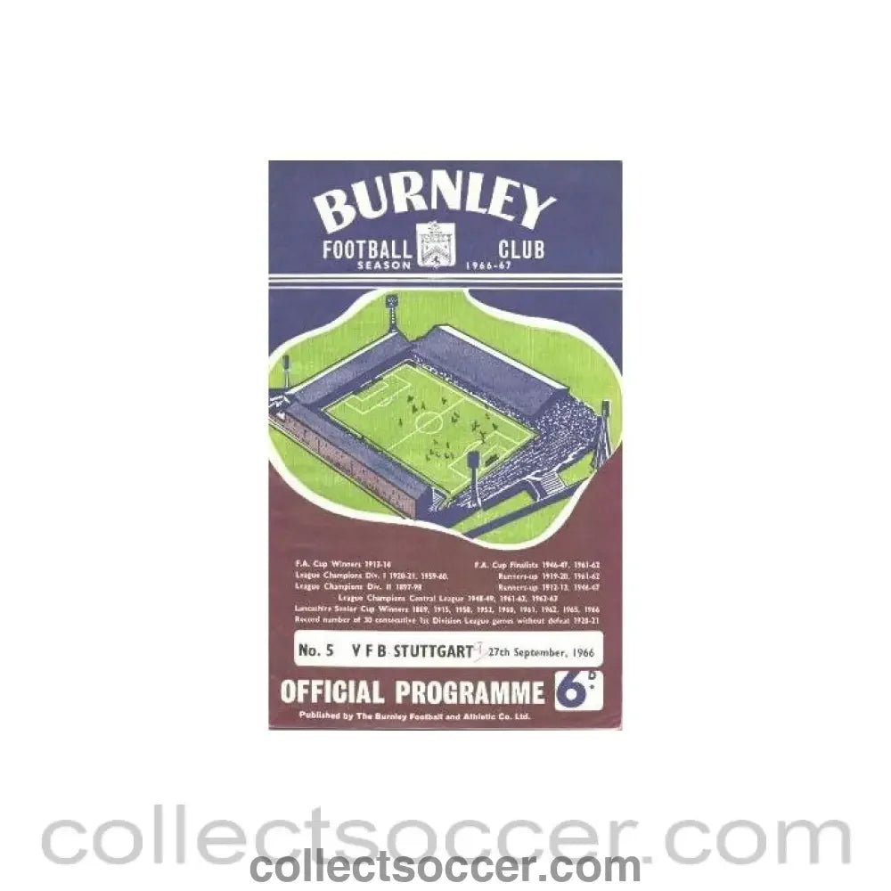 1966 - Burnley v Stuttgart official programme 27/09/1966 - Collect Soccer