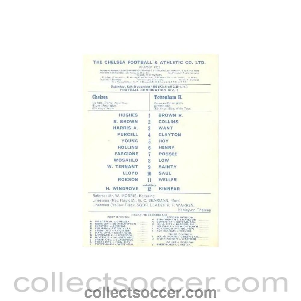 1966 - Chelsea Reserves v Tottenham Hotspur Reserves official programme 12/11/1966 - Collect Soccer