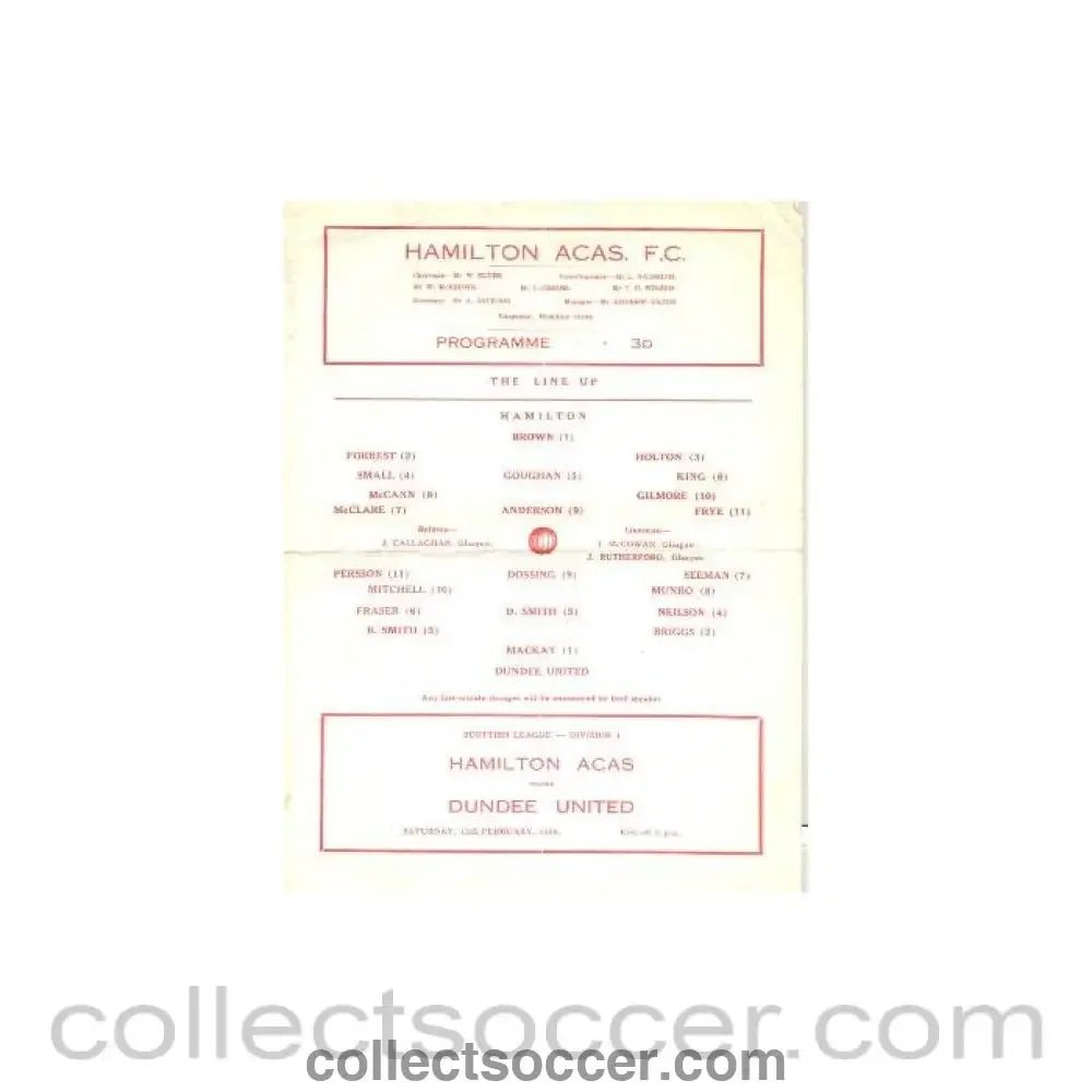 1966 - Hamilton Academical (Accies) v Dundee United official programme 12/02/1966 Scottish League - Collect Soccer