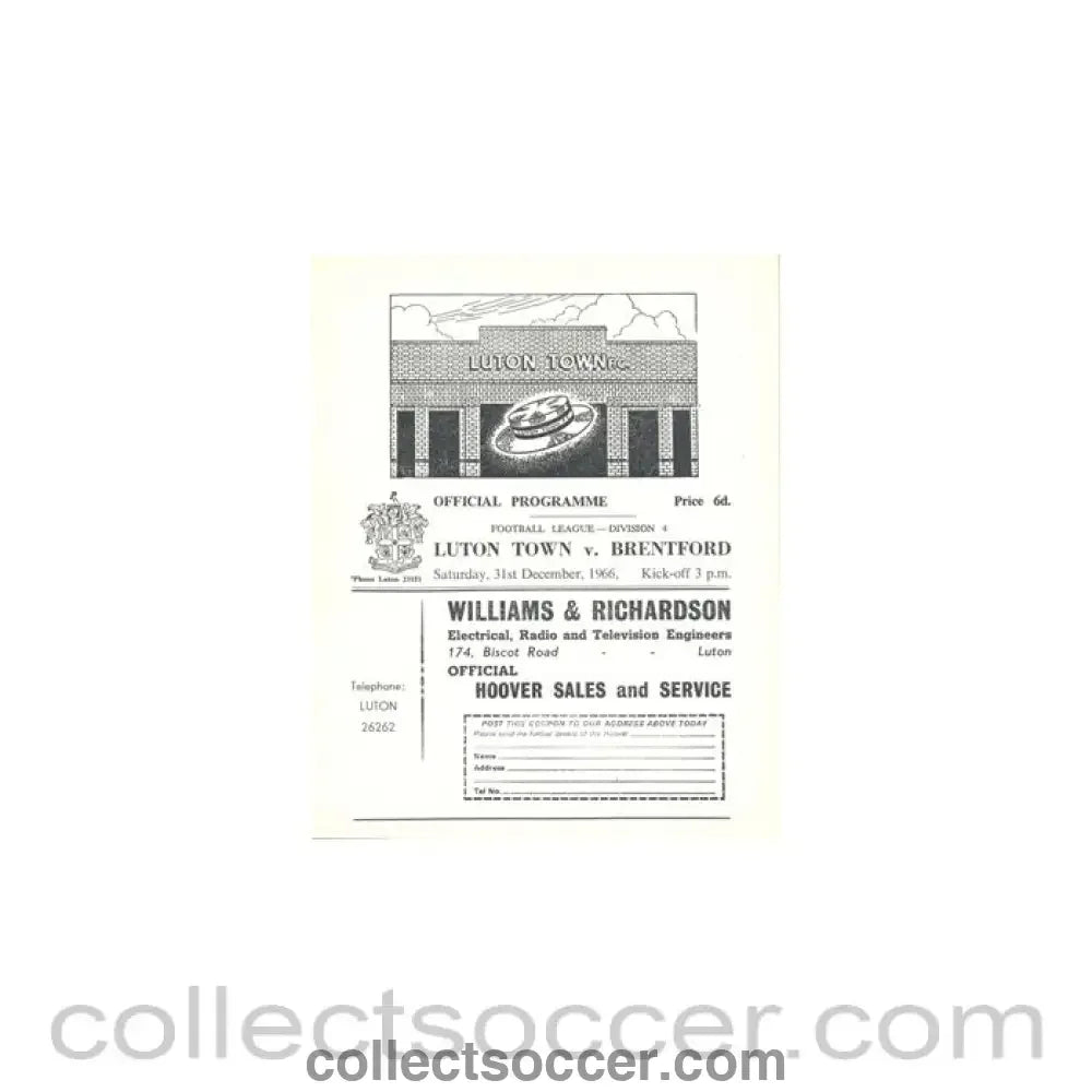 1966 - Luton Town v Brentford official programme 31/12/1966 - Collect Soccer