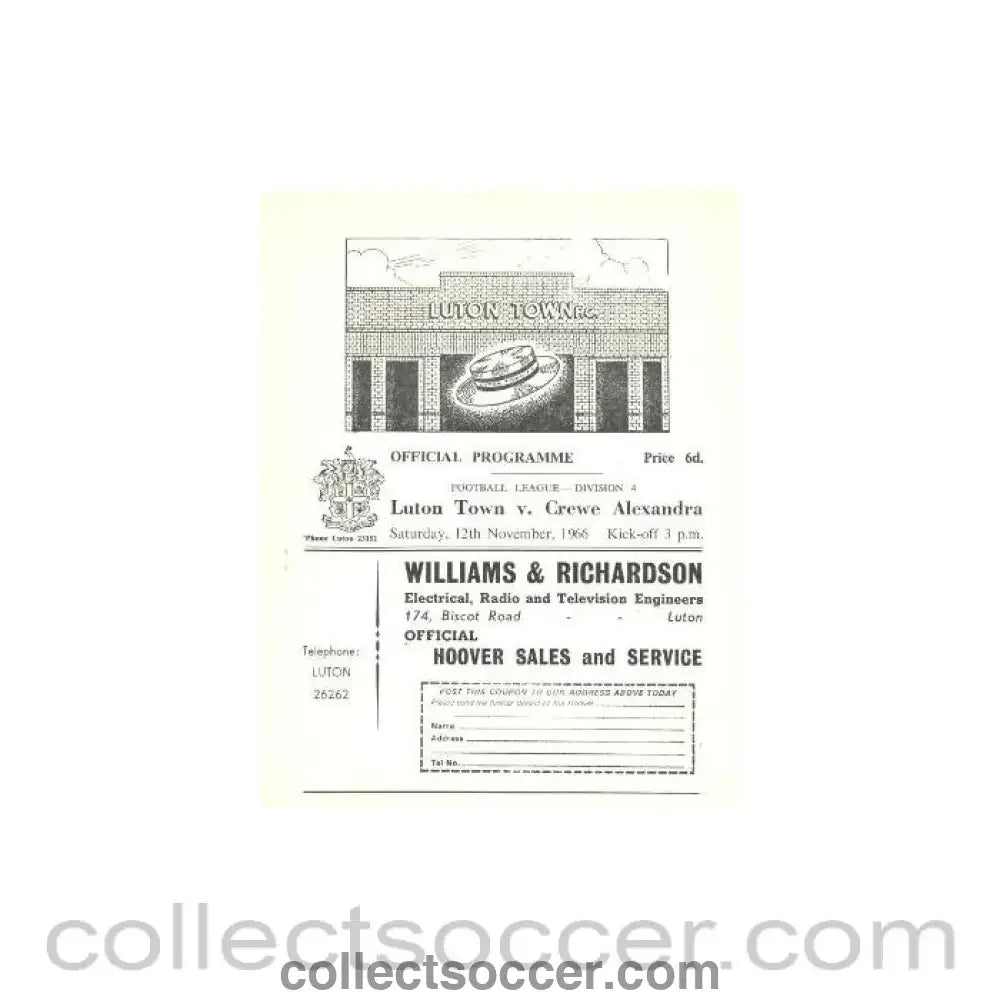 1966 - Luton Town v Crewe Alexandra official programme 12/11/1966 - Collect Soccer