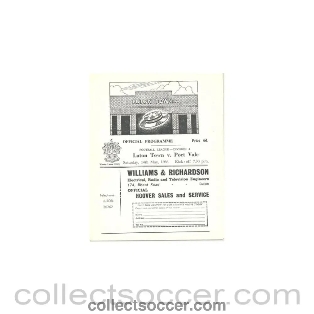 1966 - Luton Town v Port Vale official programme 14/05/1966 - Collect Soccer