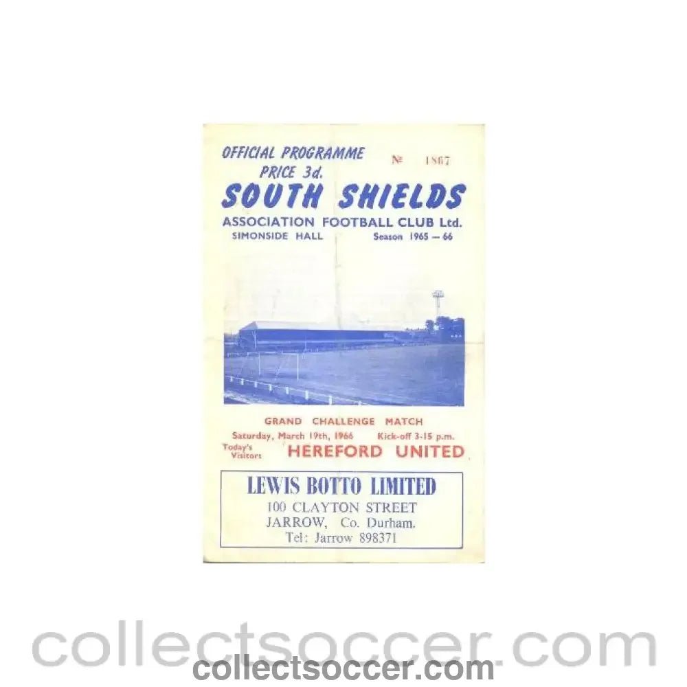 1966 - South Shields v Hereford United official programme 19/03/1966 Grand Challenge Match - Collect Soccer