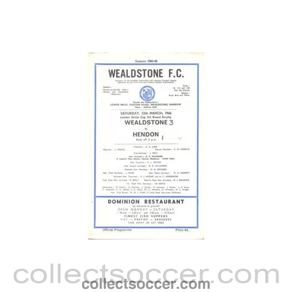 1966 - Wealdstone v Hendon official programme 12/03/1966 London Senior Cup 3rd Round Replay - Collect Soccer