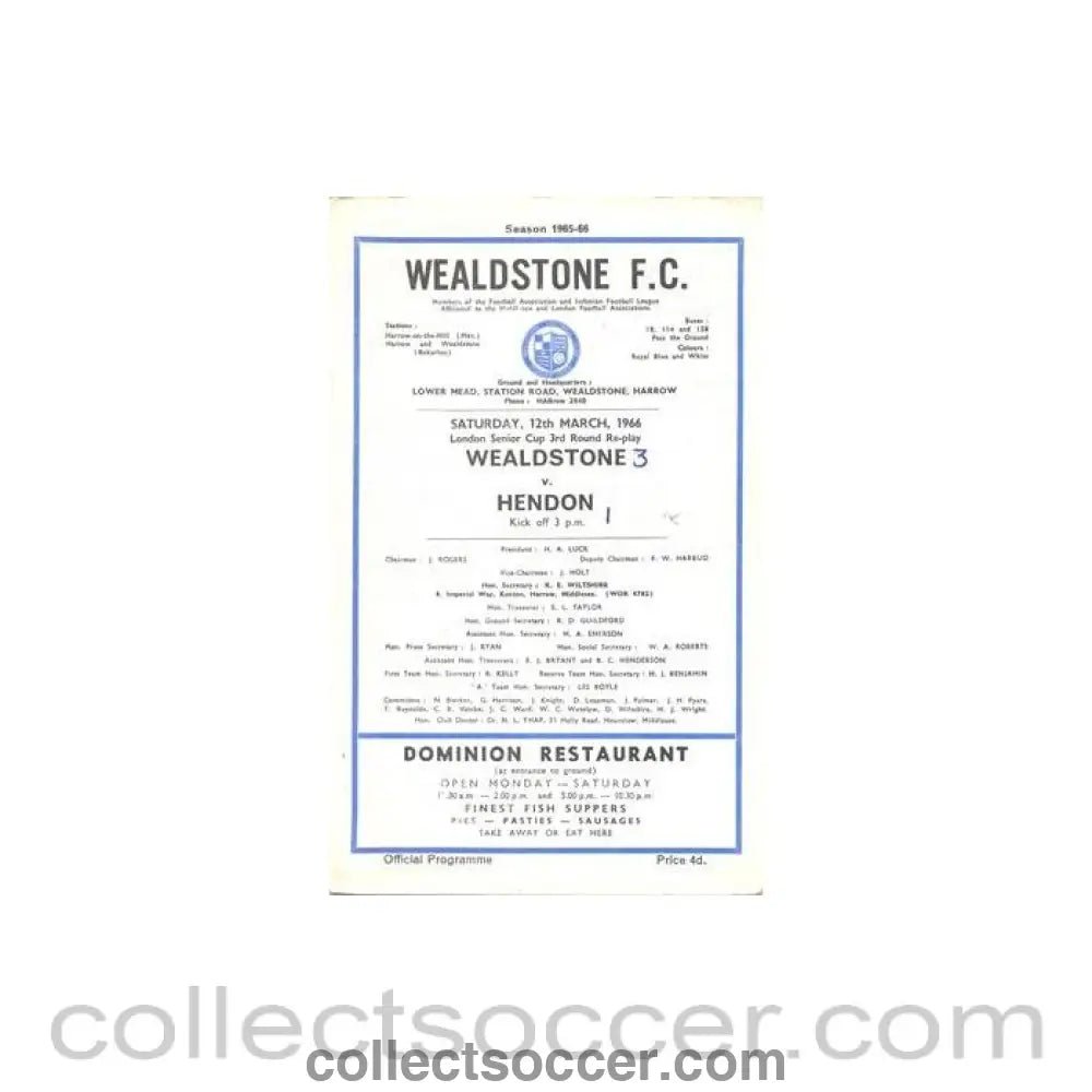 1966 - Wealdstone v Hendon official programme 12/03/1966 London Senior Cup 3rd Round Replay - Collect Soccer