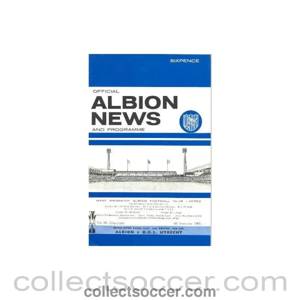 1966 - West Bromwich Albion v Utrecht, Holland official programme 09/11/1966 - Collect Soccer