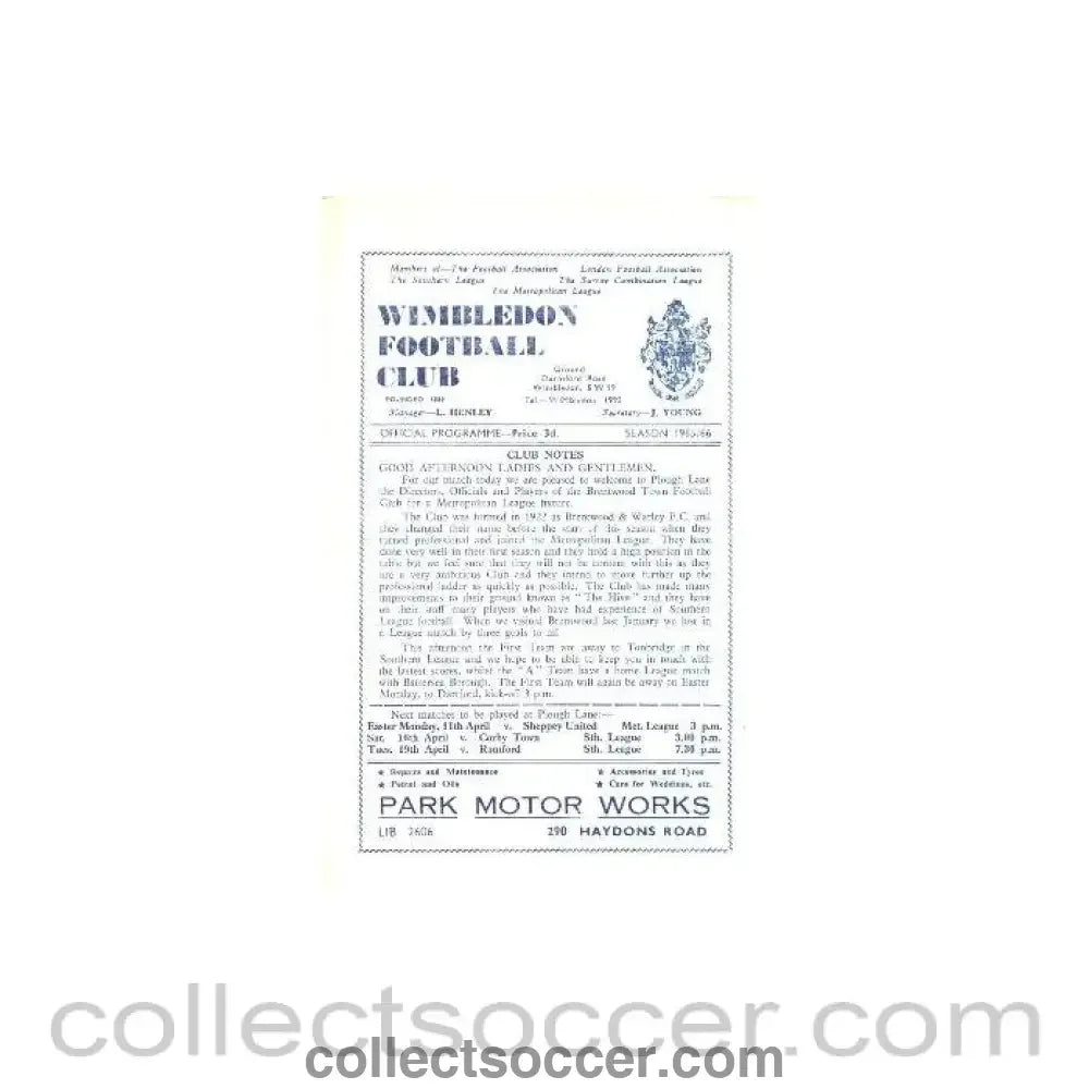 1966 - Wimbledon v Brentwood Town official programme 09/04/1966 - Collect Soccer