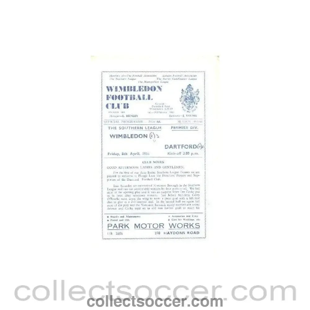 1966 - Wimbledon v Dartford official programme 08/04/1966 - Collect Soccer