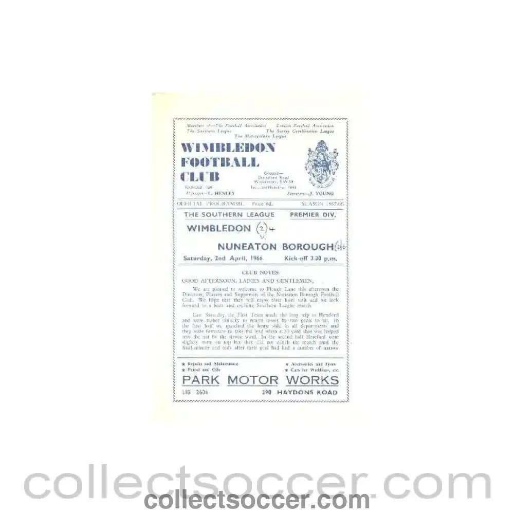 1966 - Wimbledon v Nuneaton Borough official programme 02/04/1966 - Collect Soccer