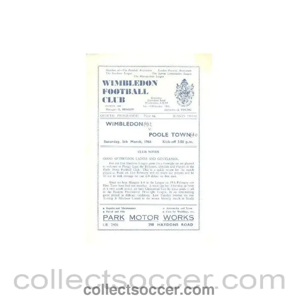 1966 - Wimbledon v Poole Town official programme 05/03/1966 - Collect Soccer