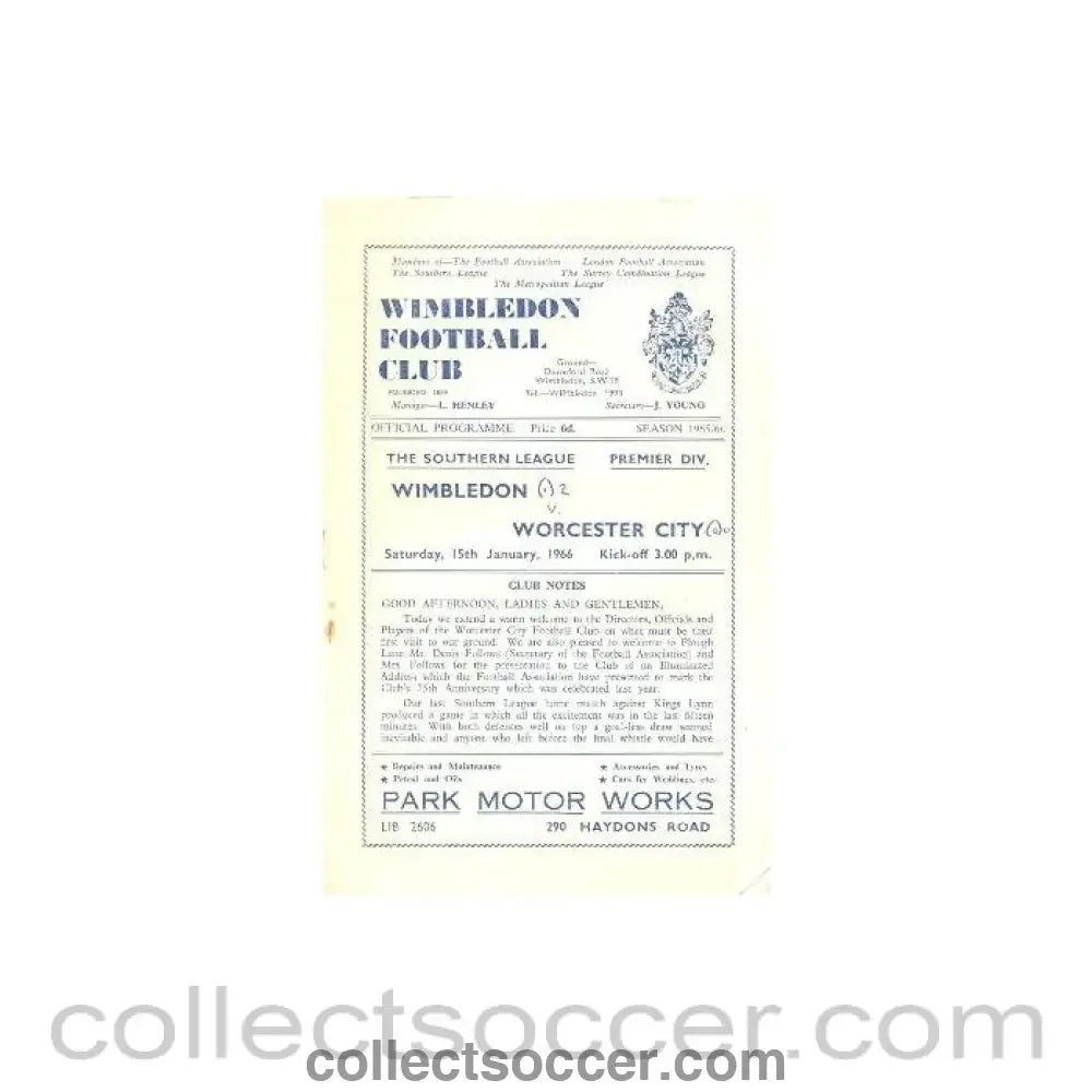 1966 - Wimbledon v Worchester City official programme 15/01/1966 - Collect Soccer