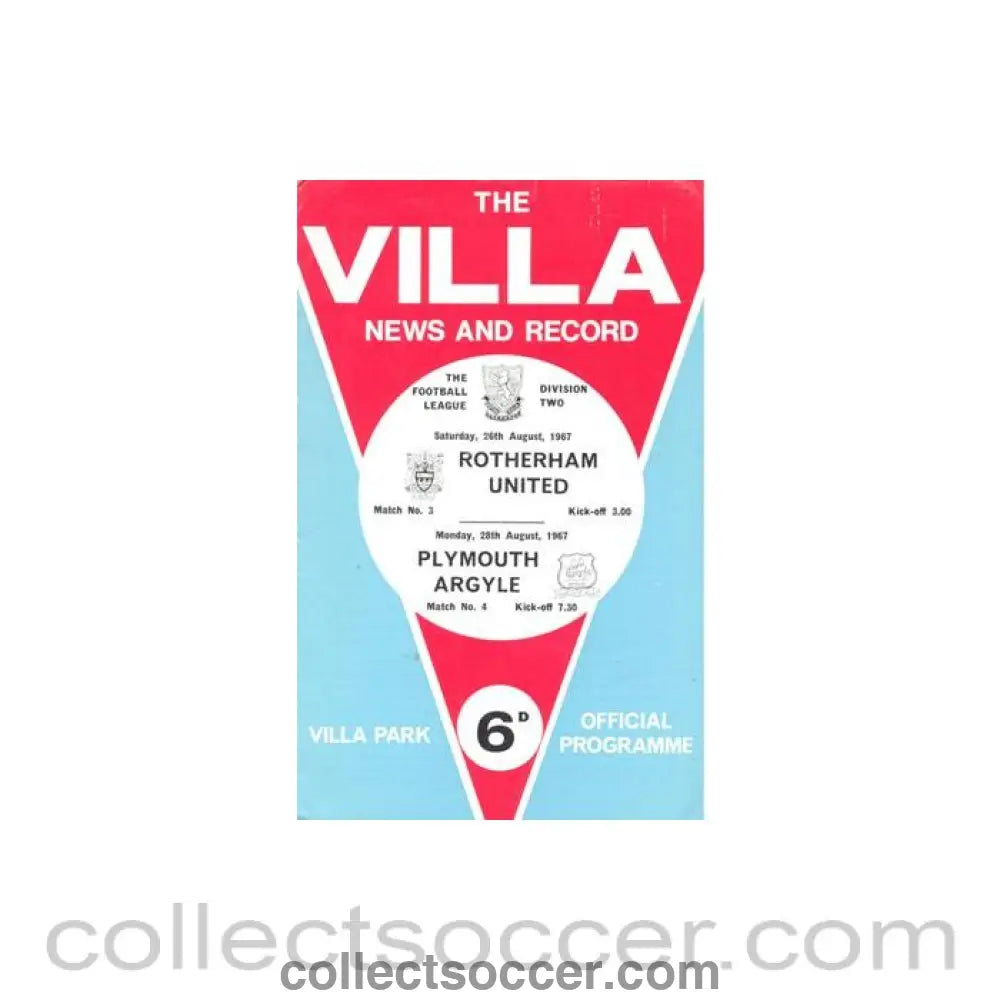 1967 - Aston Villa v Rotheham United 26/08/1967 and v Plymouth Argyle 28/08/1967 official programme Football League