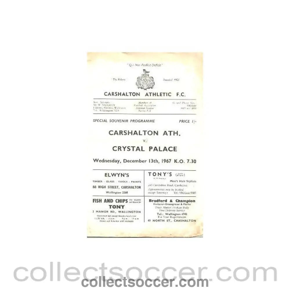 1967 - Carshalton Athletic v Crystal Palace official programme 13/12/1967 - Collect Soccer