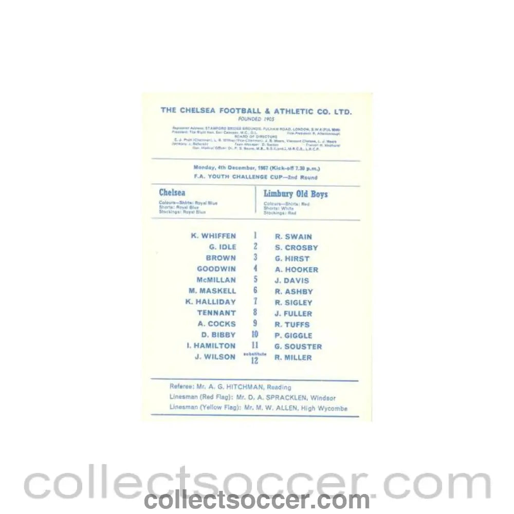 1967 - Chelsea v Limbury Old Boys official programme 04/12/1967 F.A. Youth Challenge Cup - Collect Soccer
