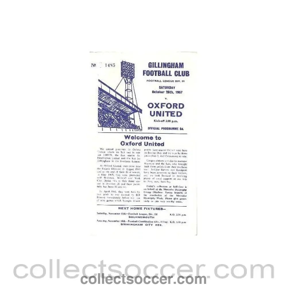 1967 - Gillingham v Oxford United official programme 28/10/1967 - Collect Soccer
