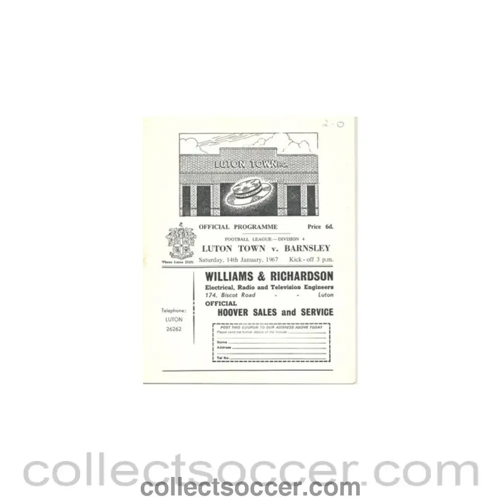 1967 - Luton Town v Barnsley official programme 14/01/1967 - Collect Soccer