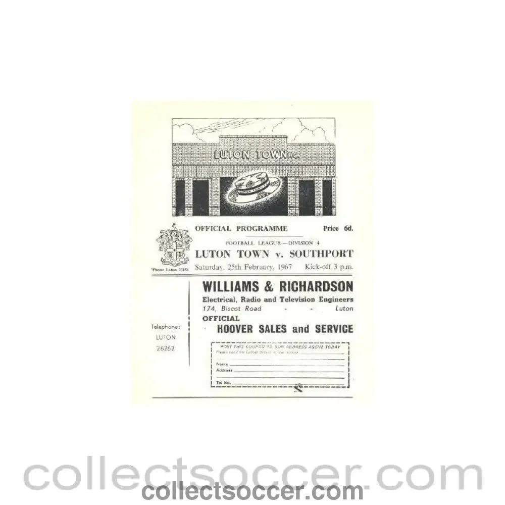 1967 - Luton Town v Southport official programme 25/02/1967 - Collect Soccer