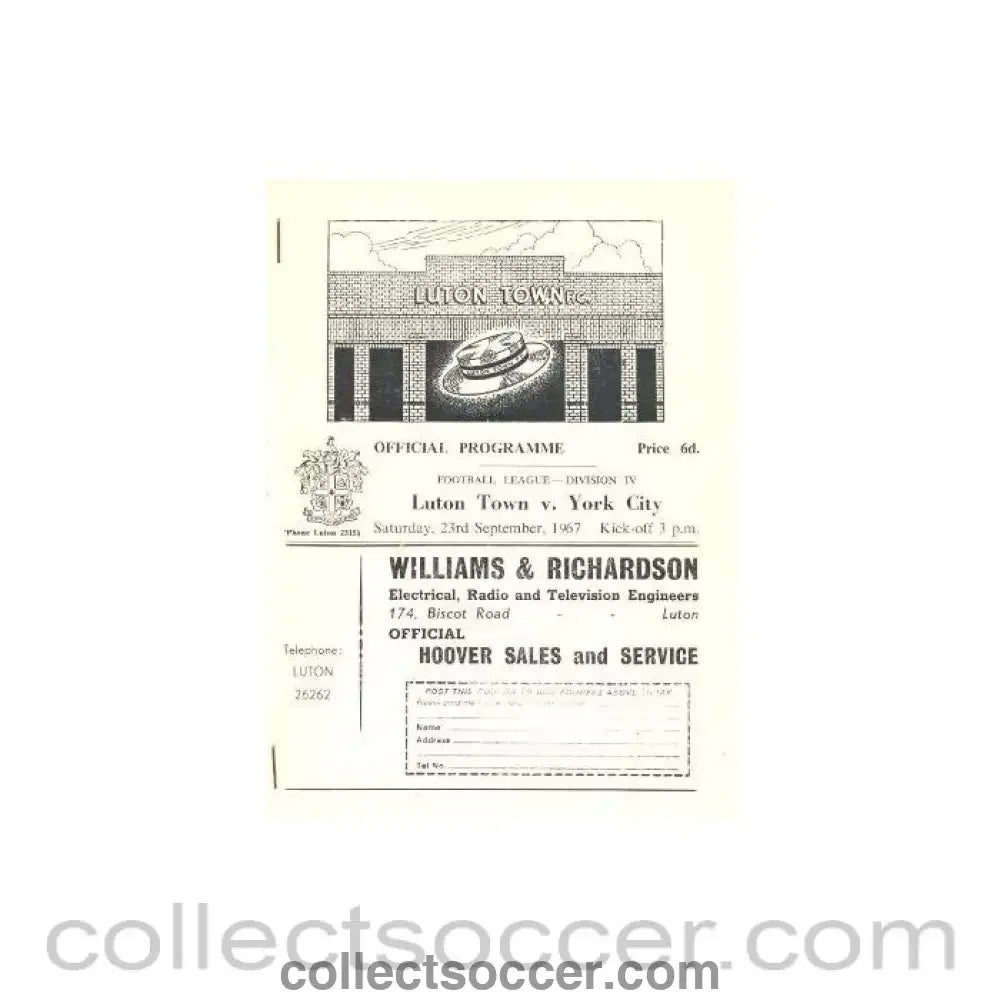 1967 - Luton Town v York City official programme 23/09/1967 - Collect Soccer