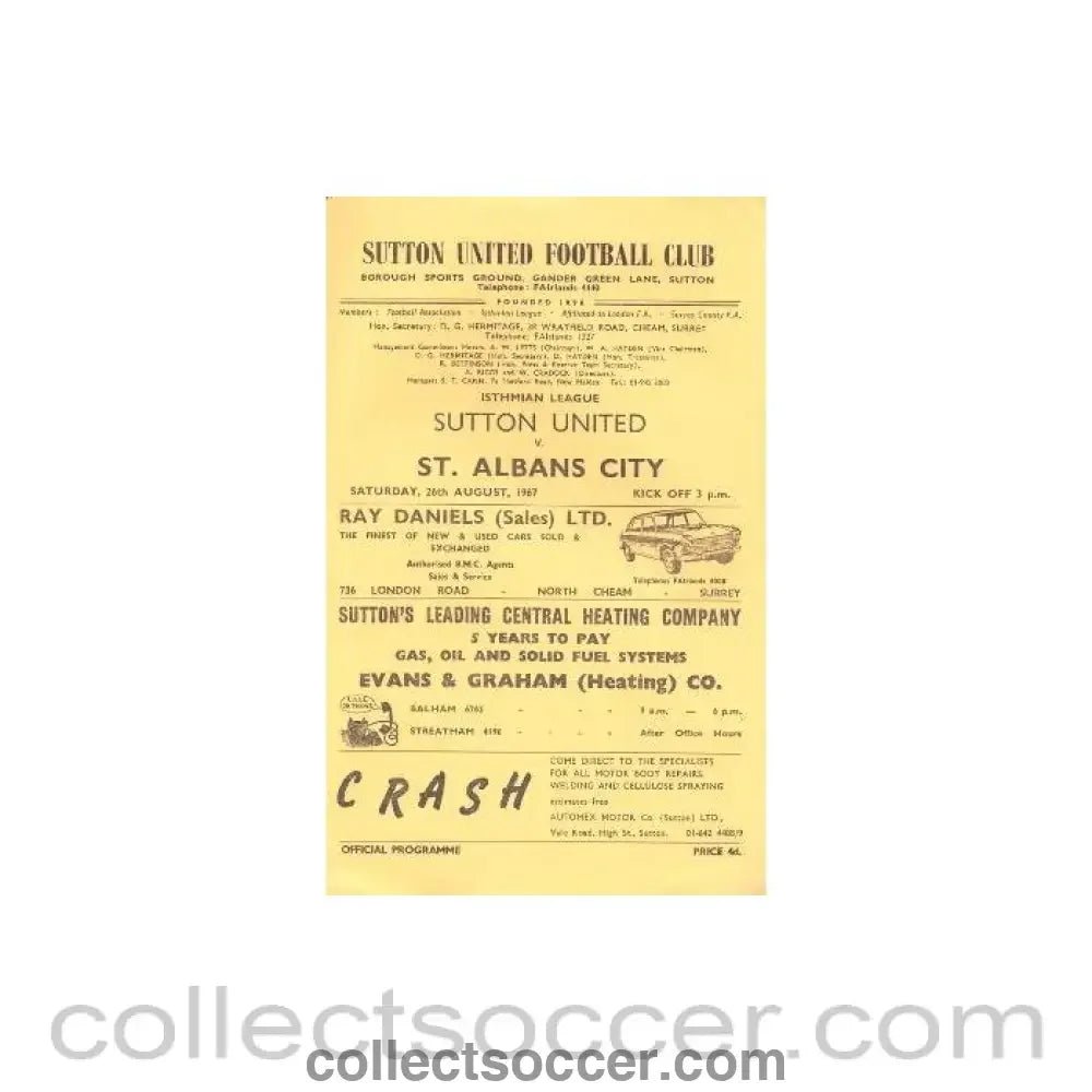 1967 - Sutton United v St. Albans City official programme 26/08/1967 - Collect Soccer