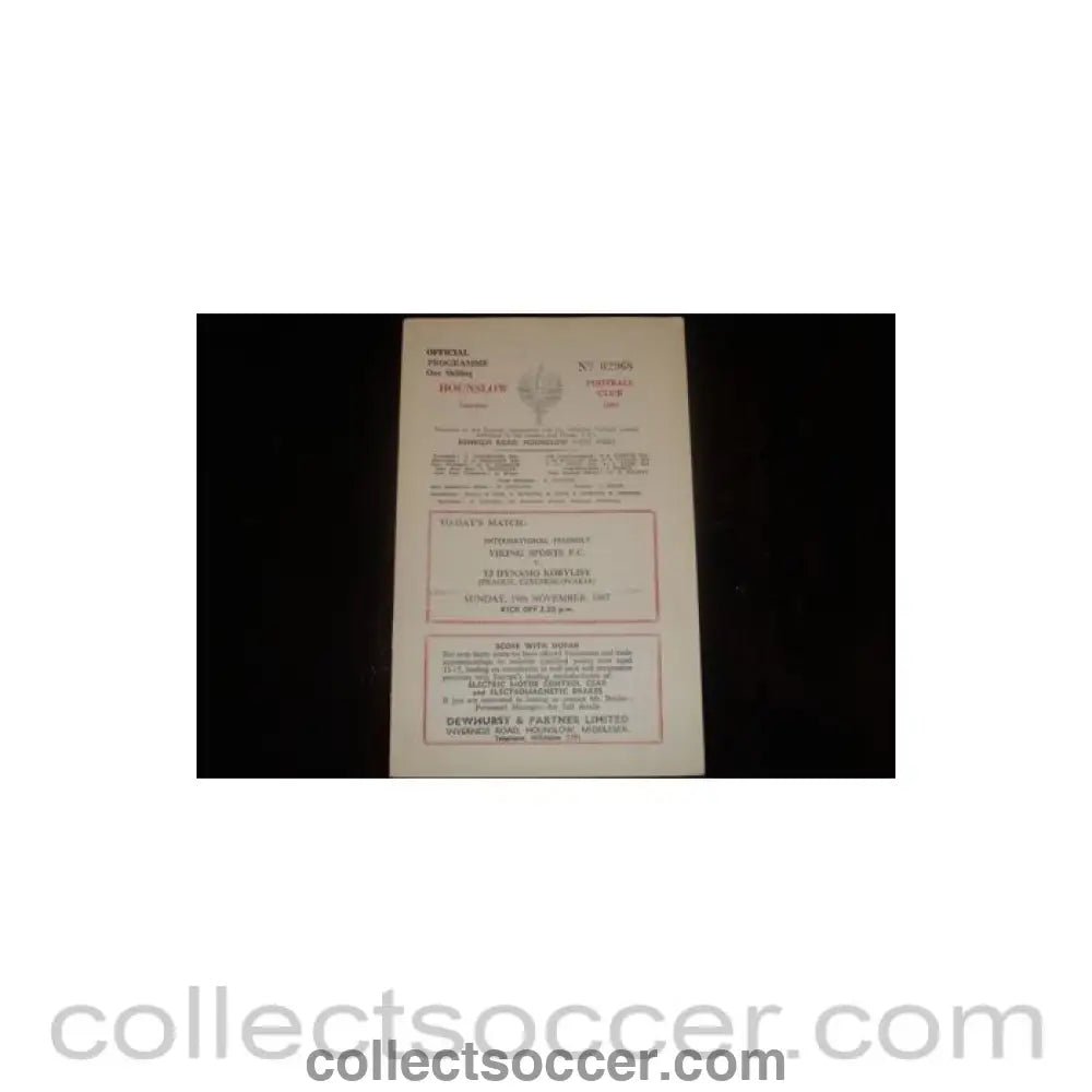 1967 - Viking Sports v Dynamo Kobylisy, Prague, Czechoslovakia official programme 19/11/1967 Friendly - Collect Soccer