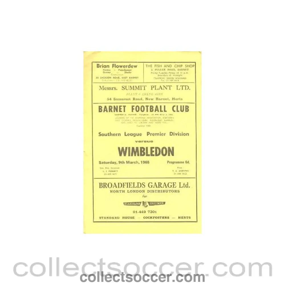 1968 - Barnet v Wimbledon Southern League Premier Division official programme 09/03/1968 - Collect Soccer