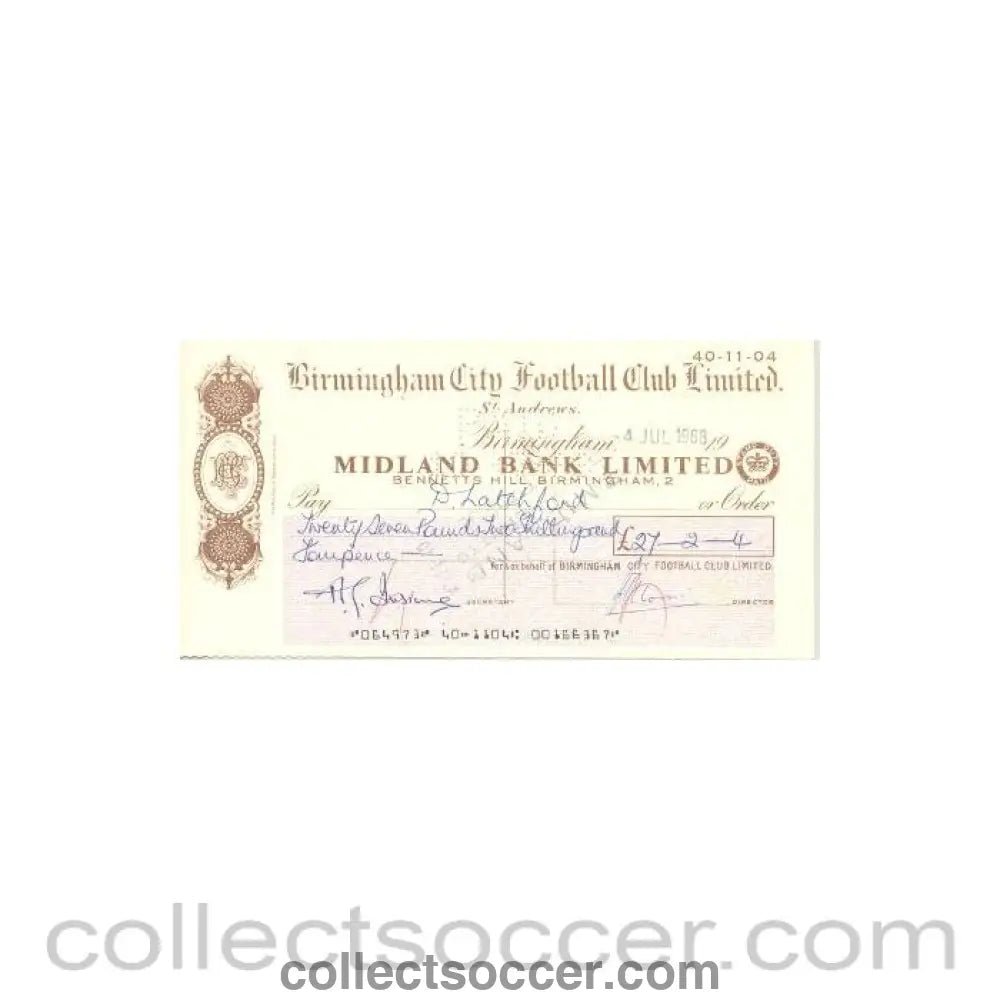 1968 - Cheque of Birmingham City F.C. payable to Robert Dennis Latchford - Professional Football Player of 04/07/1968 - Collect Soccer