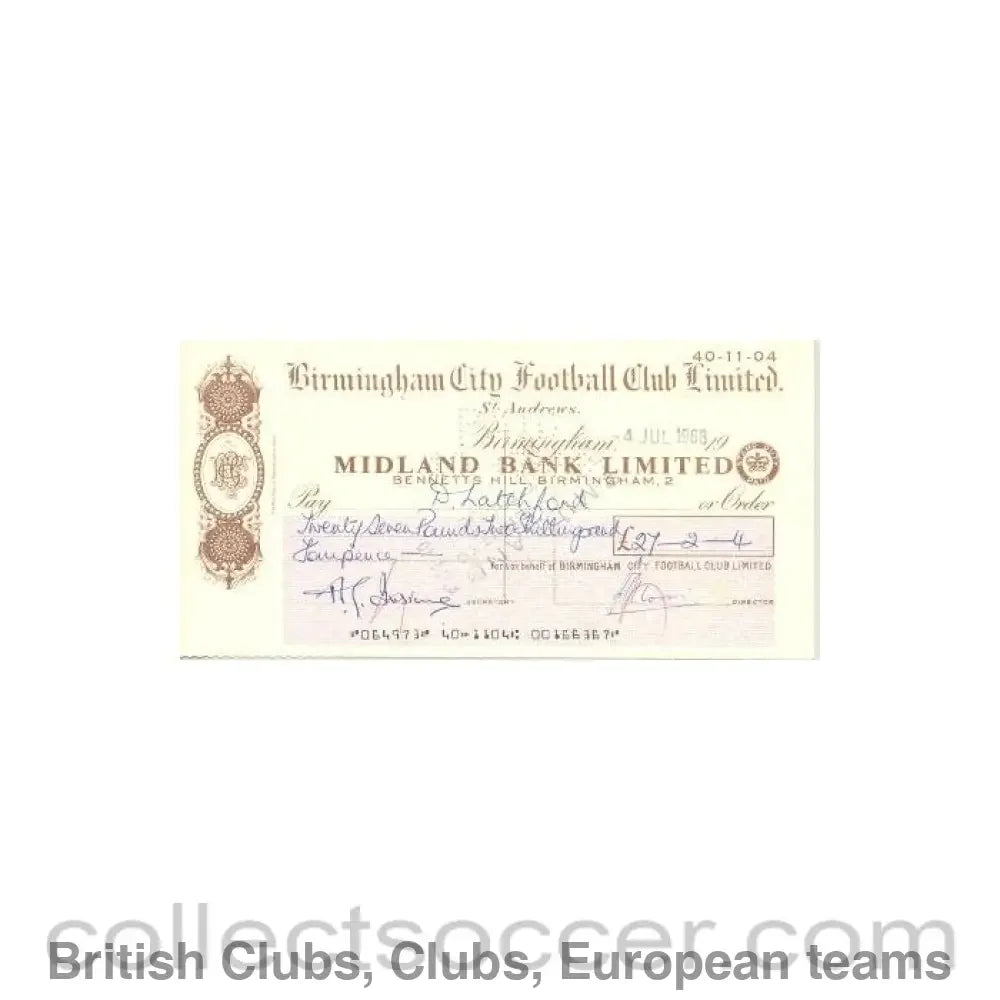 1968 - Cheque of Birmingham City F.C. payable to Robert Dennis Latchford - Professional Football Player of 04/07/1968