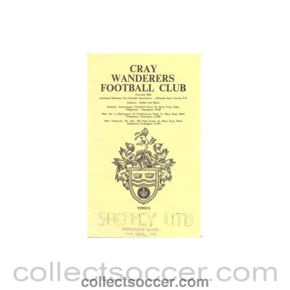 1968 - Cray Wanderers v Sheppey United official programme 12/04/1968 Metropolitan League - Collect Soccer