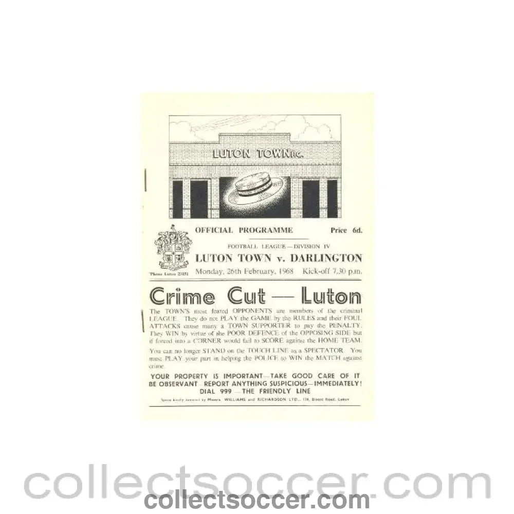 1968 - Luton Town v Darlington official programme 26/02/1968 - Collect Soccer