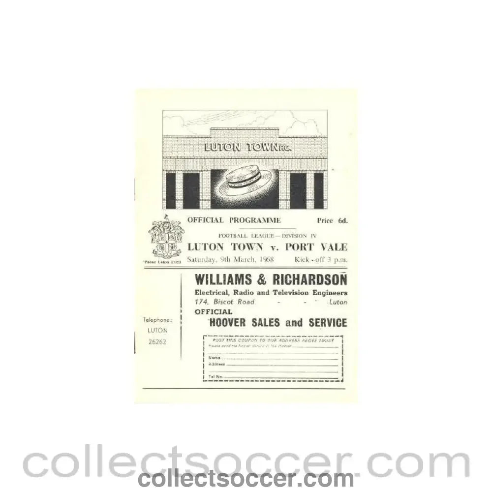 1968 - Luton Town v Port Vale official programme 09/03/1968 - Collect Soccer