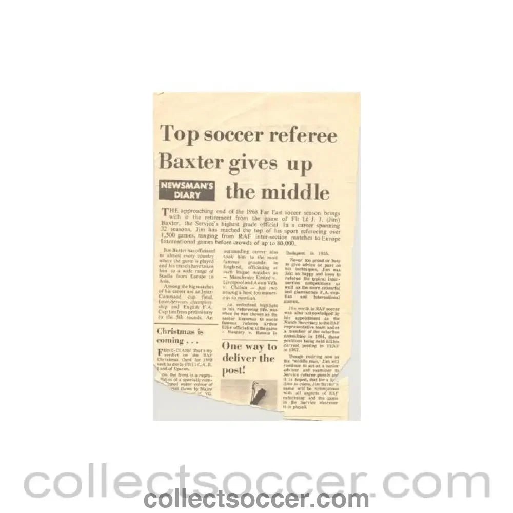 1968 - Newspaper cutting - an article about the retirement of referee Jim Baxter in 1968 - Collect Soccer