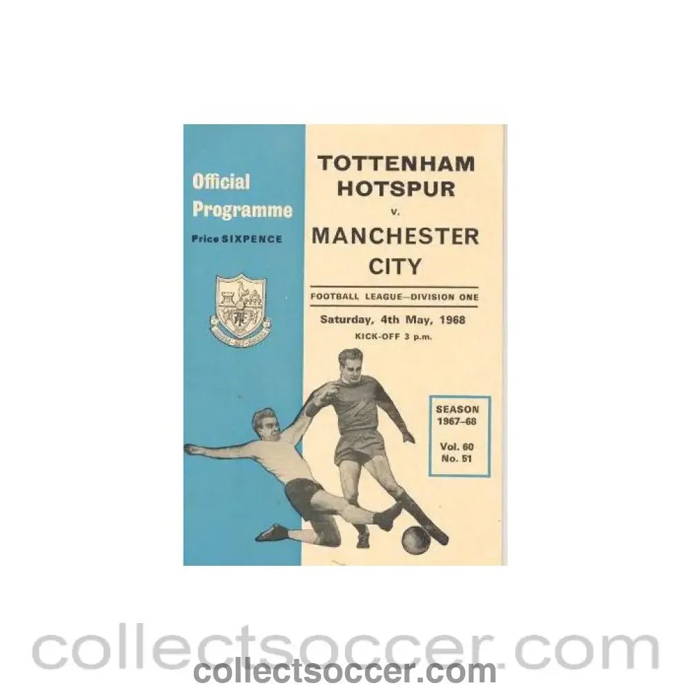 1968 - Tottenham Hotspur v Manchester City official programme 04/05/1968 Football League - Collect Soccer