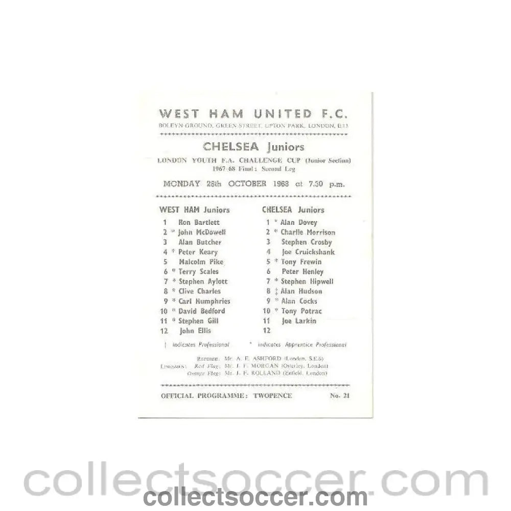 1968 - West Ham United Juniors vChelsea Juniors official programme 28/10/1968 - Collect Soccer
