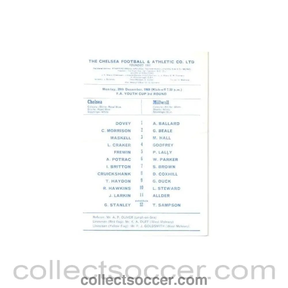 1969 - Chelsea v Millwall official programme 29/12/1969 - Collect Soccer