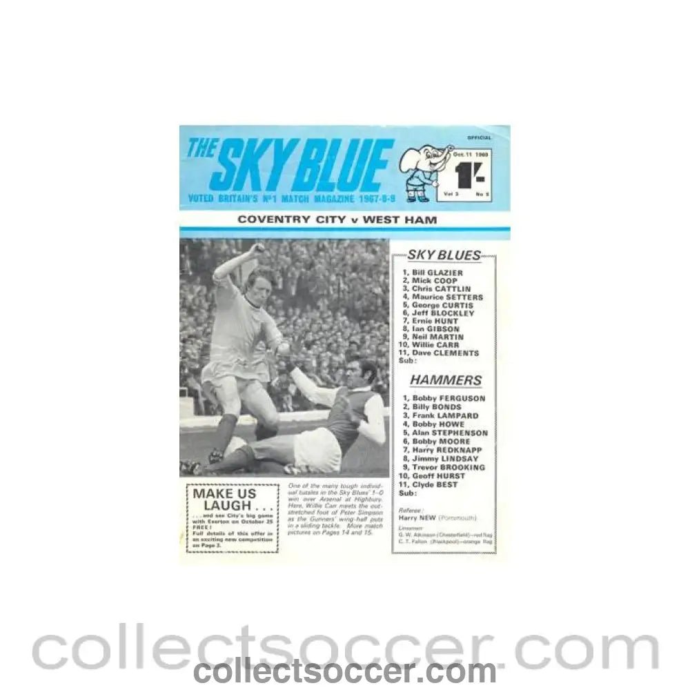 1969 - Coventry City v West ham United official programme 11/10/1969 Football League - Collect Soccer