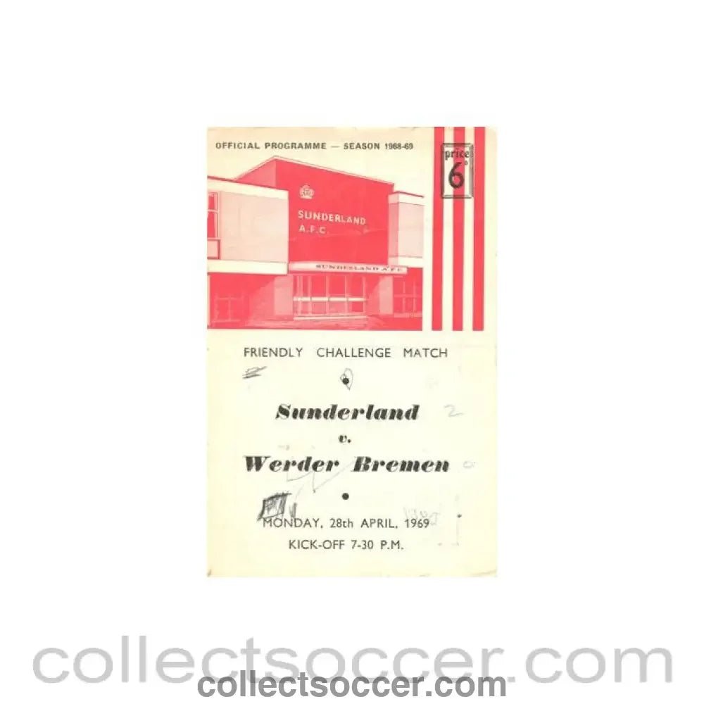 1969 - Sunderland v Werder Bremen official programme 28/04/1969 Friendly Match - Collect Soccer