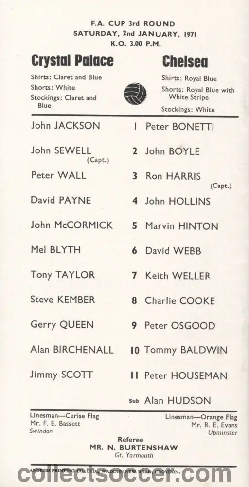 1970 - Crystal Palace v Chelsea official programme 2/1/1971 - Collect Soccer