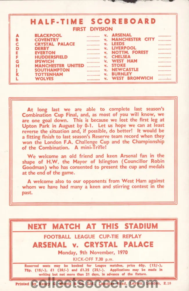 1970 Football Combination Cup Final Second Leg Arsenal v West Ham United Programme