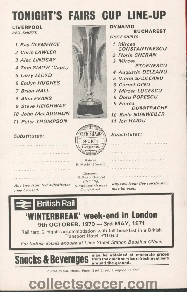 1970 - Liverpool v Dynamo Bucharest European Fairs Cup Second Round First Leg official programme 21/10/1970 - Collect Soccer
