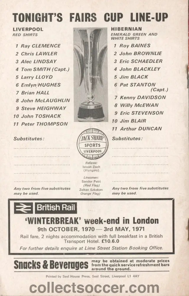 1970 - Liverpool v Hibernian European Fairs Cup Third Round Second Leg official programme 22/12/1970 - Collect Soccer