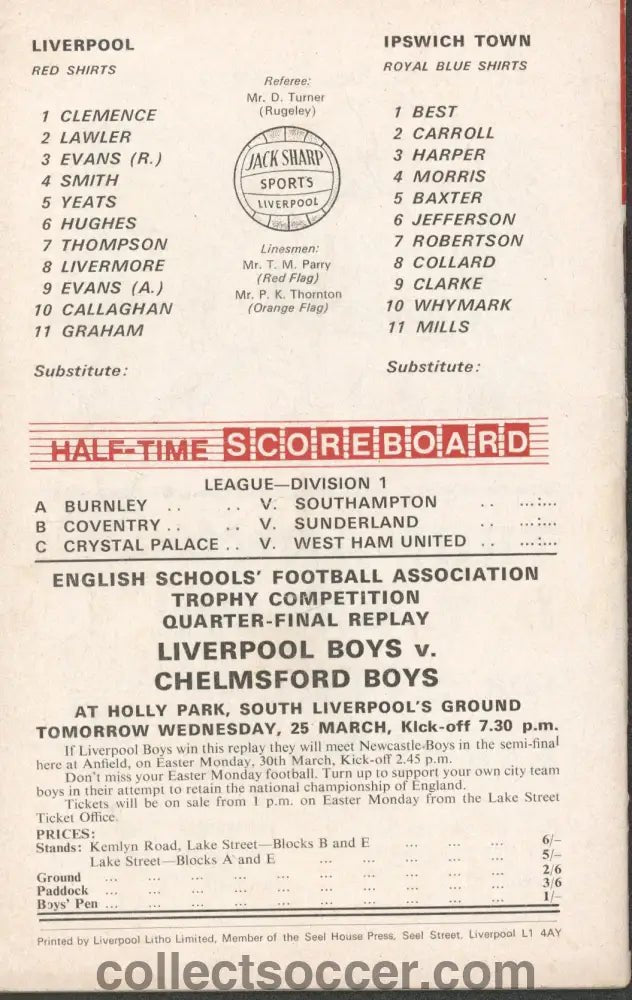 1970 - Liverpool v Ipswich Town official programme 24/03/1970 - Collect Soccer