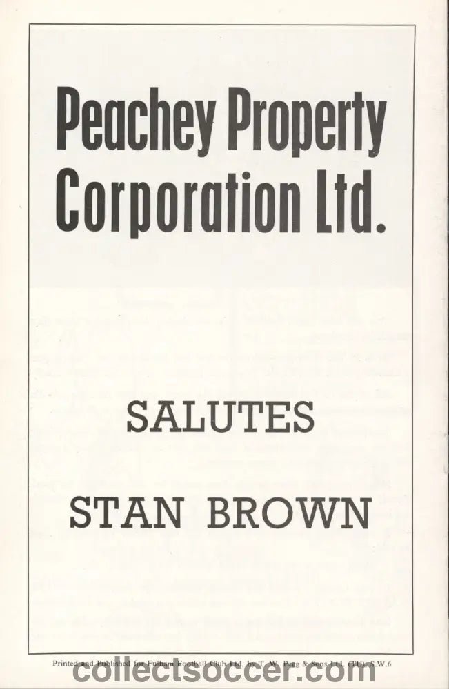 1970 Stan Brown Testimonial Match Past Fulham v Internationals Club and Fulham vChelsea 12/10/1970 - Collect Soccer