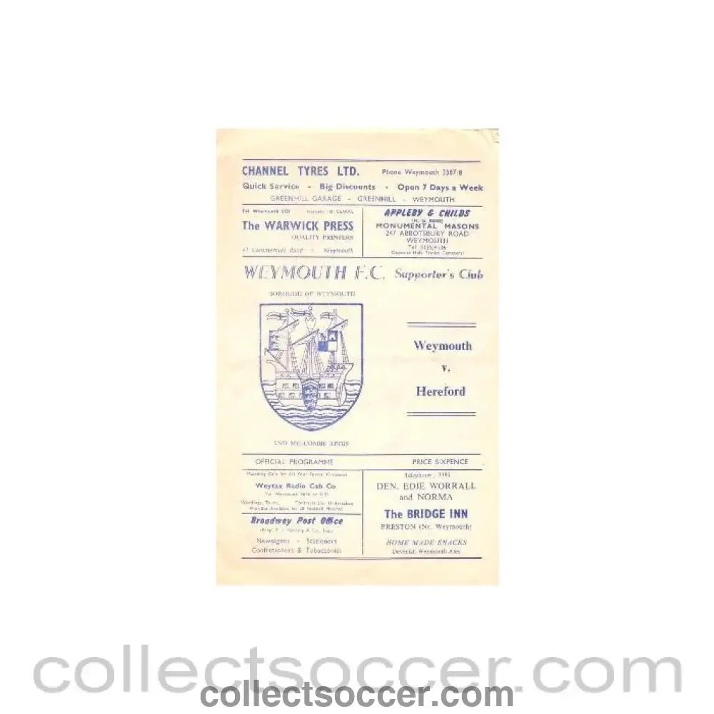 1970 - Weymouth v Hereford official programme 31/10/1970 - Collect Soccer
