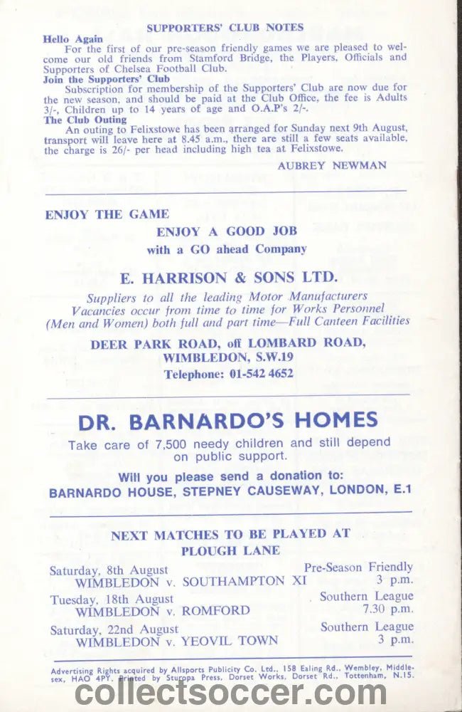 1970 - Wimbledon v Chelsea XI official programme 04/08/1970 - Collect Soccer