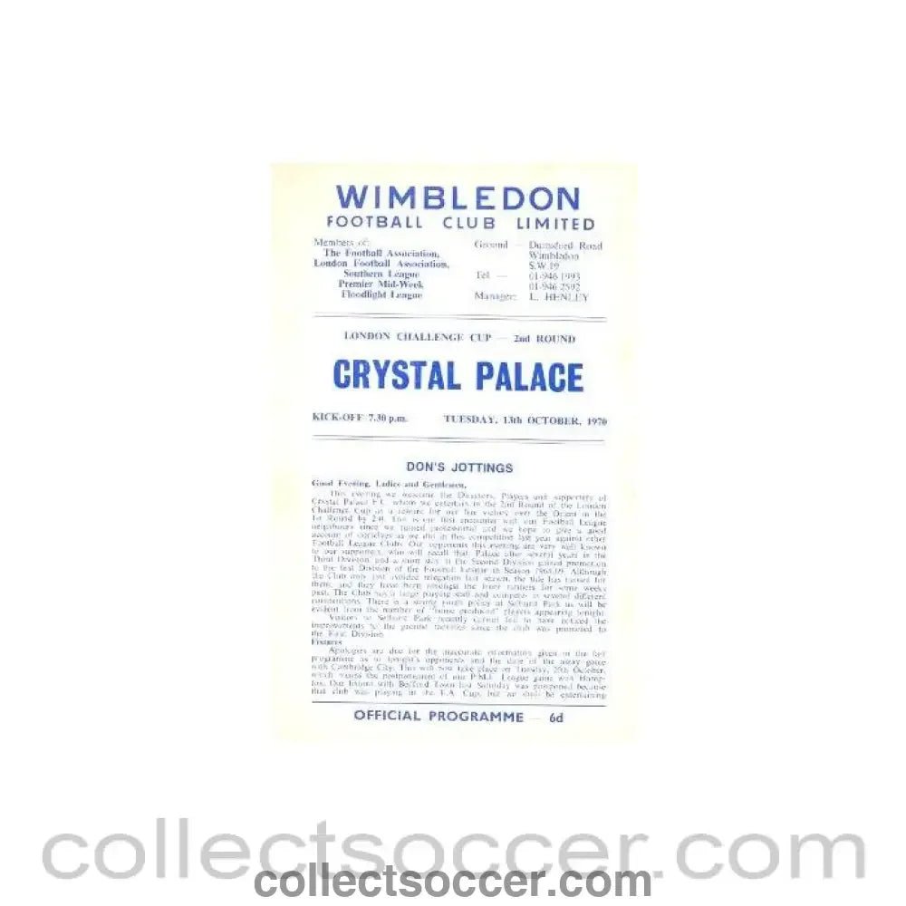 1970 - Wimbledon v Crystal Palace official programme 13/10/1970 - Collect Soccer